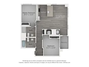 Two Bedroom Two Bathroom (971 SF)