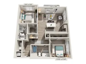 Modern 3D floor plan showcasing 2 cozy bedrooms, elegant open-concept living and dining area, spacious kitchen, and two well-appointed bathrooms.