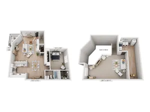 Elegant two-story floor plan featuring a spacious living area, cozy bedroom, and stylish kitchen. Includes open-to-below design and private balcony space.