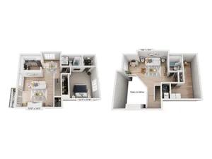 Charming bi-level floor plan with two cozy bedrooms, inviting living area, modern kitchen, and balcony access.
