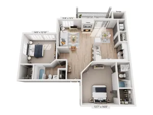 Charming 3D floor plan displaying a cozy 2-bedroom apartment with an inviting fireplace, open-concept kitchen, and dining area, along with well-sized bathrooms and a private balcony.