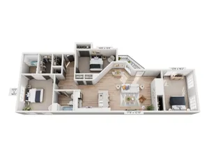 Inviting 3D floor plan featuring three spacious bedrooms, a modern open-concept living room, and a stylish kitchen, designed for comfortable living.
