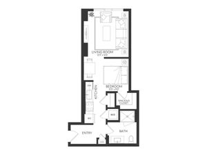 Modern floor plan featuring an open living room, cozy bedroom, sleek kitchen, and spacious closet with a well-designed bath area.