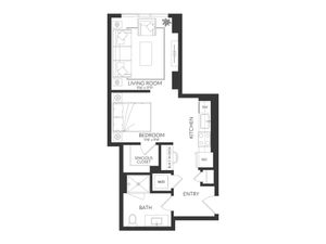 Modern apartment floor plan featuring a cozy bedroom, spacious living room, sleek kitchen, and convenient built-in desk area.