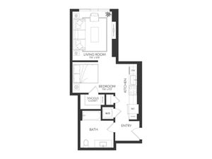 Modern floor plan illustrating a 1-bedroom apartment with a spacious living room, efficient kitchen, and ample closet space.