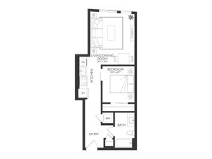 Modern floor plan featuring a sleek one-bedroom apartment with an open-concept living and dining area, compact kitchen, and convenient bathroom layout.