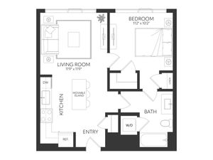 Elegant 1-bedroom floor plan featuring a spacious living room, modern kitchen with movable island, and convenient bath and laundry area.