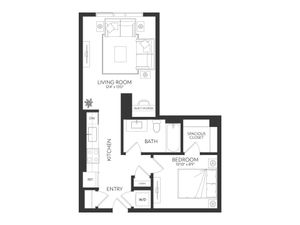 Modern apartment floor plan featuring a cozy bedroom, spacious living room, and functional kitchen with built-in desk and large closet.