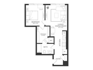 Chic apartment floor plan featuring a spacious living/dining room, modern kitchen, intimate bedroom with closet, and a stylish bath.