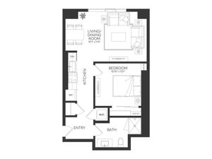 Modern floor plan showcasing a cozy 1-bedroom layout with an open living and dining area, efficiently designed kitchen, and a sleek bath.