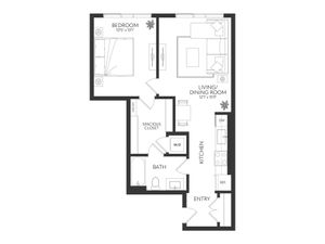 Contemporary floor plan highlighting 1 bedroom, a stylish living/dining area, and modern kitchen with convenient entry, spacious closet, and bath.