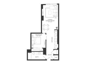 Sleek 1-bedroom floor plan with a spacious living and dining area, modern kitchen, and cozy bathroom.