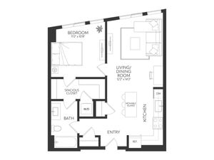 Modern floor plan with one-bedroom, open living and dining area, and efficient kitchen layout featuring movable island.