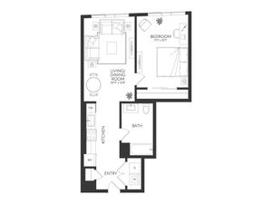 Modern floor plan featuring a cozy bedroom, stylish living/dining area, efficient kitchen, and a bathroom, perfect for contemporary living.