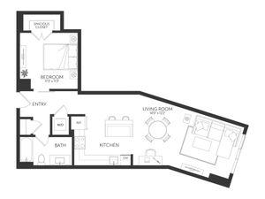 Sleek and modern floor plan showcasing one-bedroom layout with spacious living room, contemporary kitchen, and luxurious bath.