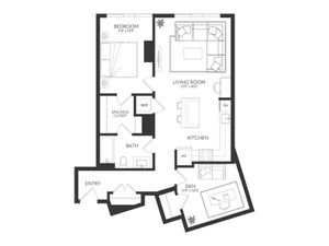 Modern floor plan featuring 1 bedroom, open-concept kitchen and living room, spacious den, and a luxurious bathroom.