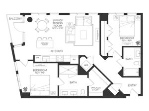 Modern floor plan showcasing two bedrooms, expansive living and dining area, sleek kitchen with movable island, and private balcony.