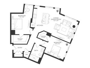 Modern floor plan showcasing 2 bedrooms, spacious closets, open-plan living and dining area, and a well-appointed kitchen.