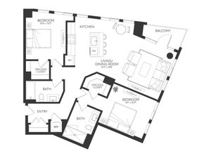 Modern 2D floor plan showcasing 2 spacious bedrooms, a vibrant open-concept living and dining area with balcony access, and a sleek kitchen.