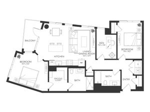 Sophisticated floor plan showcasing two bedrooms, open kitchen, living/dining room, and cozy den with balcony access.