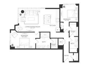 Elegant floor plan showcasing 3 spacious bedrooms, open living/dining area, modern kitchen, and two luxurious bathrooms.