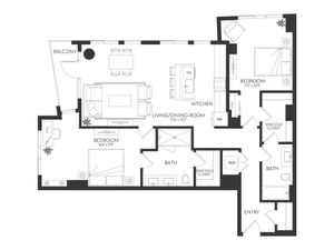 Elegant floor plan showcasing 3 bedrooms, open living and dining area, modern kitchen, and a private balcony.