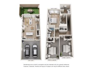 Modern duplex floor plan with open-concept living area, gourmet kitchen, 3 spacious bedrooms, private backyard, and a double garage.