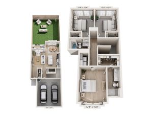 Beautiful 3D floor plan showcasing three bedrooms, inviting open-plan living area, modern kitchen, lush garden space, and convenient two-car garage.