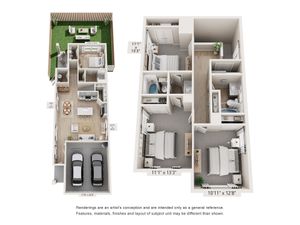 Chic 3D floor plan showcasing two-story layout with three bedrooms, a lush backyard, open-concept living and dining area, and a two-car garage.