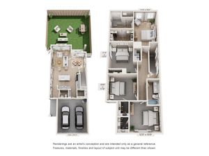 Elegant 3D floor plan showcasing 3 spacious bedrooms, a modern open-concept living area, dining space, and a lush patio garden with outdoor seating.