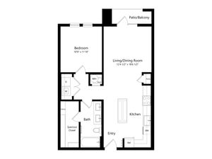 Modern floor plan with a spacious bedroom, open living and dining area, and a versatile kitchen featuring a convenient pantry and patio access.