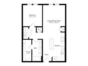 Modern floor plan featuring 1 bedroom, spacious living/dining room, and an open kitchen with pantry.