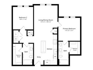 Modern floor plan showcasing 2 bedrooms, open concept living/dining room, and a sleek kitchen with island, perfect for stylish living.