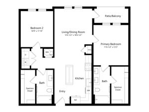 Modern floor plan featuring 2 spacious bedrooms, open living/dining area, stylish kitchen, and a cozy patio/balcony.