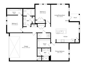 Contemporary 3-bedroom floor plan with open living/dining room, spacious kitchen, and convenient garage access.