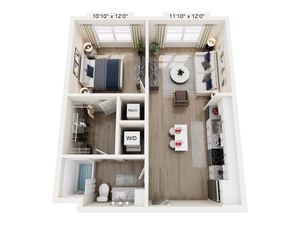 Elegant 3D floor plan showcasing a cozy 1-bedroom apartment with an open living area, modern kitchen, and spacious bathroom.