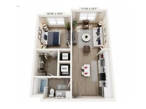 Modern 3D floor plan showcasing a spacious one-bedroom apartment with open living and dining area, sleek kitchen, and convenient washer/dryer setup.