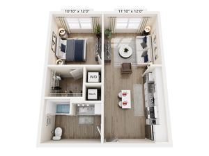 Modern 3D floor plan showcasing a cozy one-bedroom apartment with an open-concept living room and kitchen, stylish bathroom, and convenient in-unit washer/dryer.