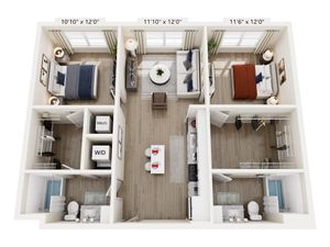 Contemporary 3-bedroom apartment floor plan featuring a cozy living room, modern kitchen with breakfast bar, two stylish bathrooms, and spacious closets.
