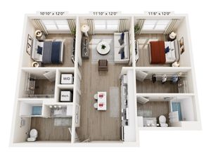 Chic apartment floor plan featuring 2 cozy bedrooms, an elegant living room, a modern kitchen with dining area, and 2 well-appointed bathrooms.