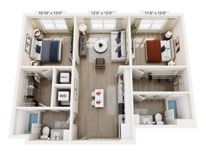 Modern 3D floor plan showcasing 2 cozy bedrooms, inviting living area, chic kitchen, and bathrooms, complete with a convenient washer and dryer.