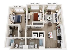 Modern 3D floor plan showcasing 2 elegant bedrooms, a cozy living room, stylish kitchen, and 2 sleek bathrooms.