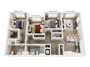 Modern 3D floor plan showcasing 3 bedrooms, open-concept living area, and sleek kitchen with island bar.