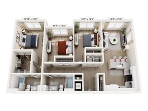 Modern 3D floor plan showcasing 3 spacious bedrooms, 2 elegant bathrooms, an open-concept living and dining area, and a sleek kitchen with a breakfast bar.
