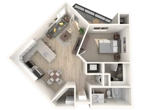 Modern floor plan displaying a cozy one-bedroom apartment with open-concept kitchen and living area, spacious balcony, and elegant bathroom.