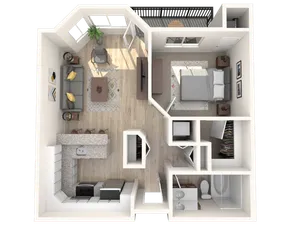Charming 3D floor plan of a cozy one-bedroom apartment featuring an open-concept living area, modern kitchen, and private balcony.