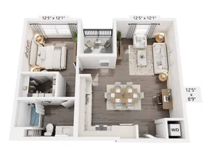 Chic 3D floor plan showcasing a spacious one-bedroom apartment with modern open-concept living and dining area, stylish kitchen, and cozy balcony.