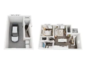 Modern 2D floor plan featuring a spacious one-bedroom layout with open-concept living area, kitchen, cozy balcony, and attached garage.