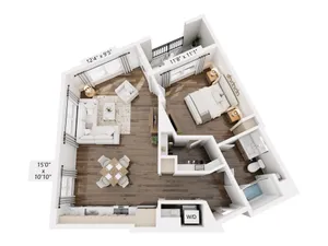 Contemporary floor plan showcasing a spacious 1 bedroom, elegant living area, modern kitchen, and a cozy dining space.