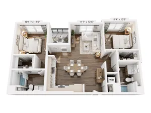 Modern 3D floor plan showcasing 2 bedrooms, elegant living room, dining area, and fully-equipped kitchen with dual bathrooms.